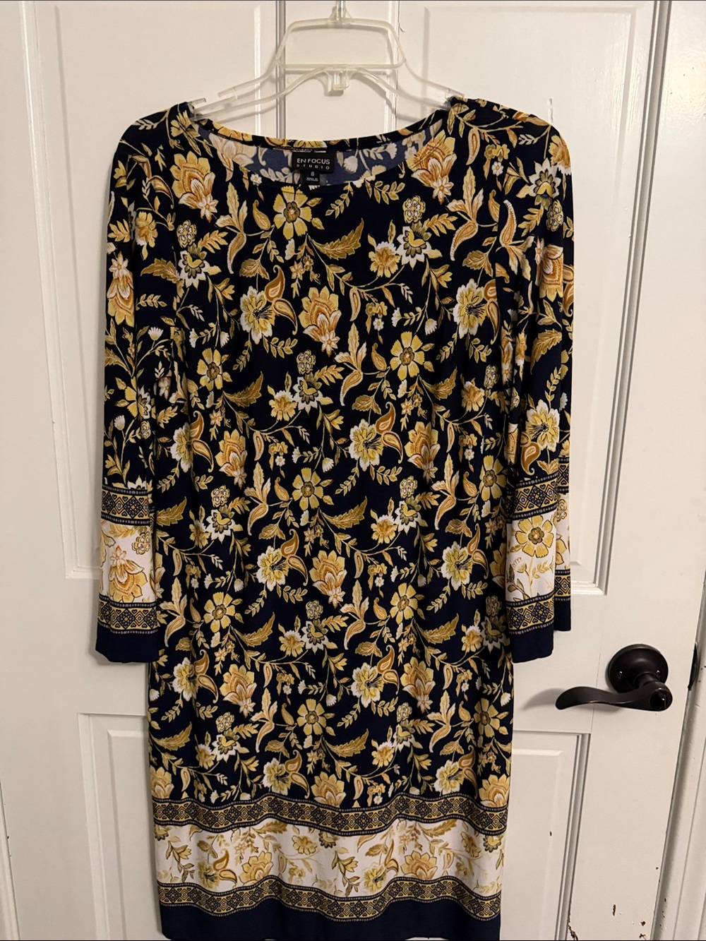 Enfocus Studio Black Navy Floral Gold-Accent Long Sleeve Midi Dress